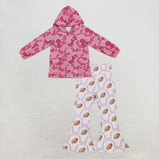 NEW RTS NO MOQ yoga fabric GT0866+P0780 Baby Girls Pink Camo Print Hooded Top Pink Bow Footballs Plaid Yoga Active Bell Bottom Pants Set
