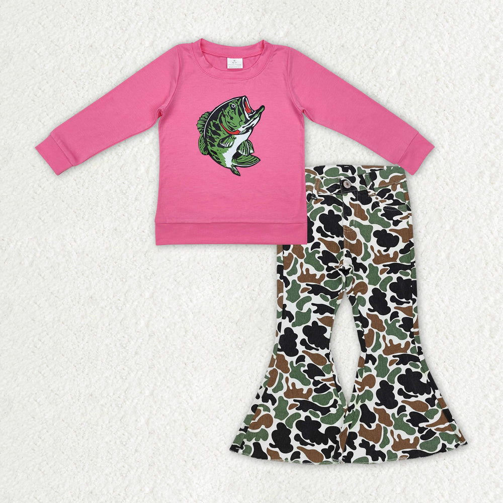 RTS NO MOQ ETA 5/7days arrived GT0870+P0582 Offset fishing rose red long-sleeved top Brown and green camouflage beige denim trousers sets