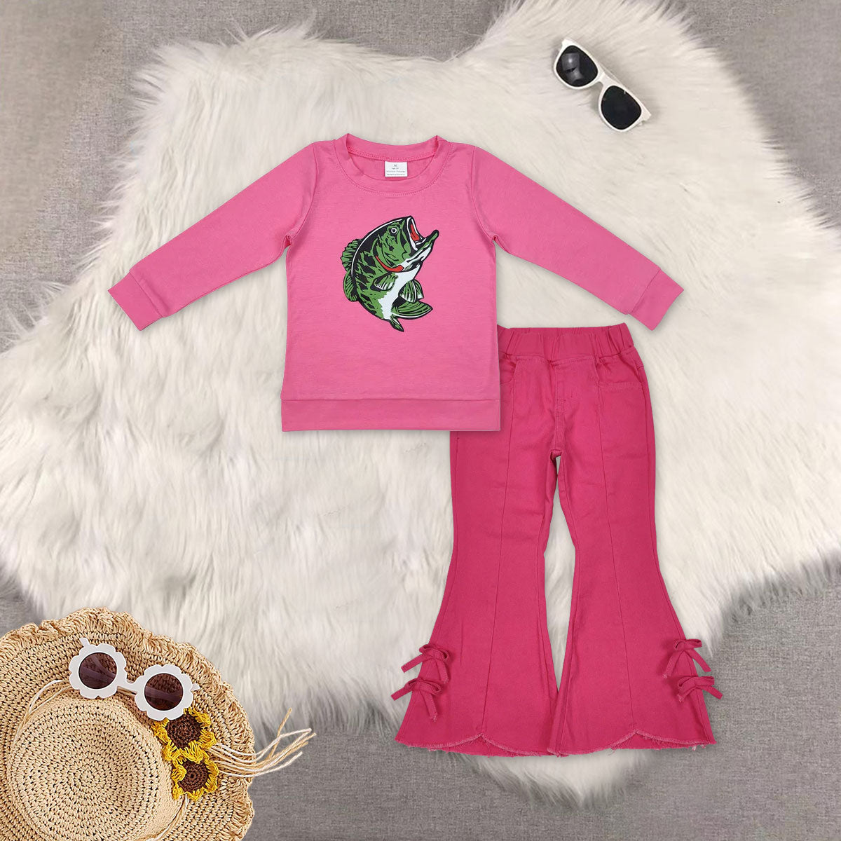 RTS NO MOQ Sibling baby girl clothes bow hooded long sleeve top elastic waist denim pants sets 5