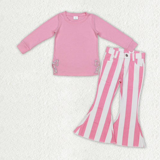 RTS NO MOQ ETA 5/7days arrived GT0872+P0315 Pink long-sleeved top with embroidered flower and bow pattern striped denim pants