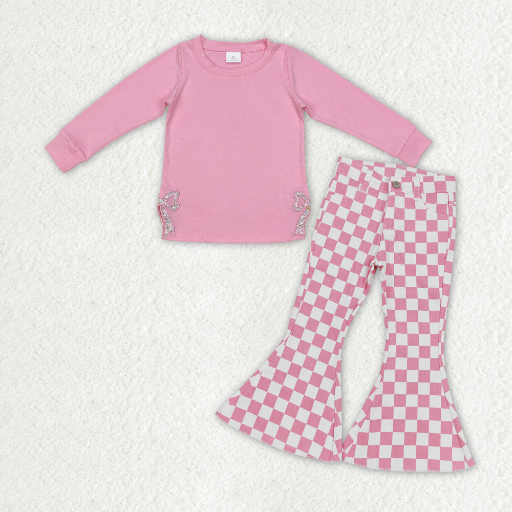 RTS NO MOQ ETA 5/7days arrived GT0872+P0348 Pink long-sleeved top with embroidered flower and bow pattern plaid denim pants