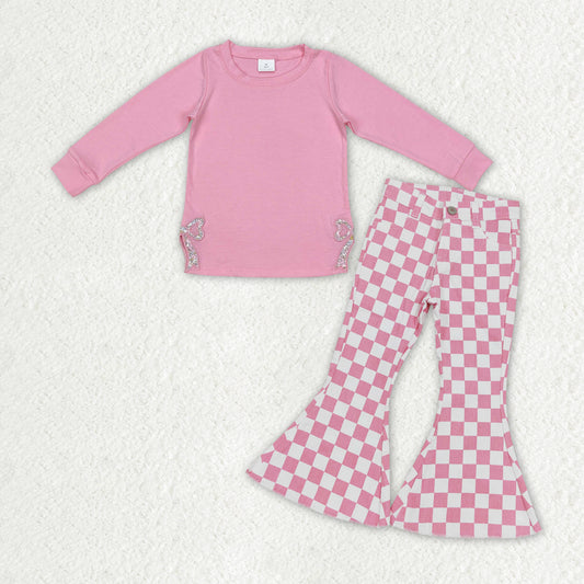 RTS NO MOQ ETA 5/7days arrived GT0872+P0348 Pink long-sleeved top with embroidered flower and bow pattern plaid denim pants