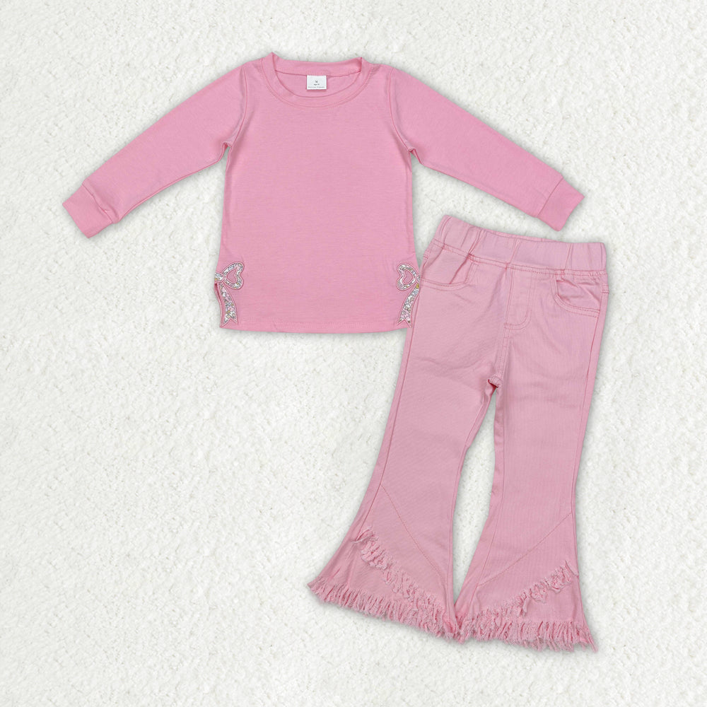 RTS NO MOQ ETA 5/7days arrived GT0872+P0463 Pink long-sleeved top with embroidered flower and bow pattern Pink elastic waist denim pants with tassels