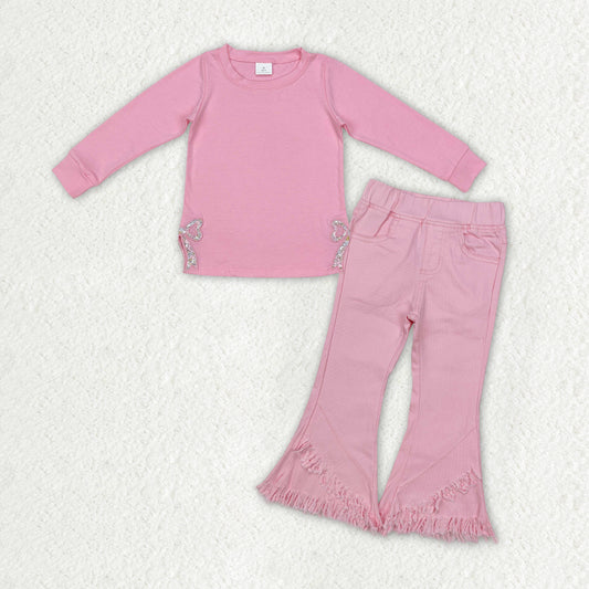 RTS NO MOQ ETA 5/7days arrived GT0872+P0463 Pink long-sleeved top with embroidered flower and bow pattern Pink elastic waist denim pants with tassels