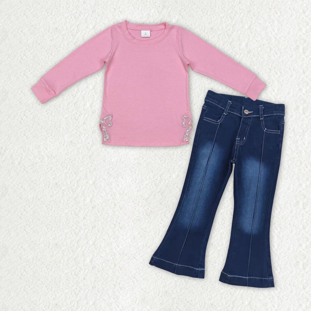 RTS NO MOQ ETA 5/7days arrived GT0872+P0508 Pink long-sleeved top with embroidered flower and bow pattern Bleached blue line denim pants