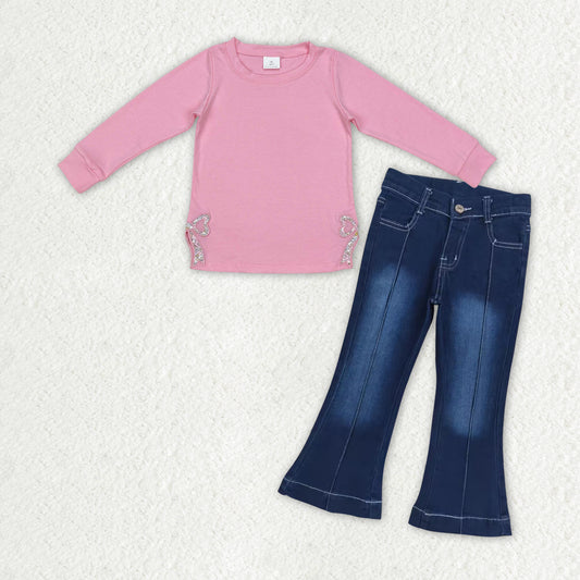 RTS NO MOQ ETA 5/7days arrived GT0872+P0508 Pink long-sleeved top with embroidered flower and bow pattern Bleached blue line denim pants