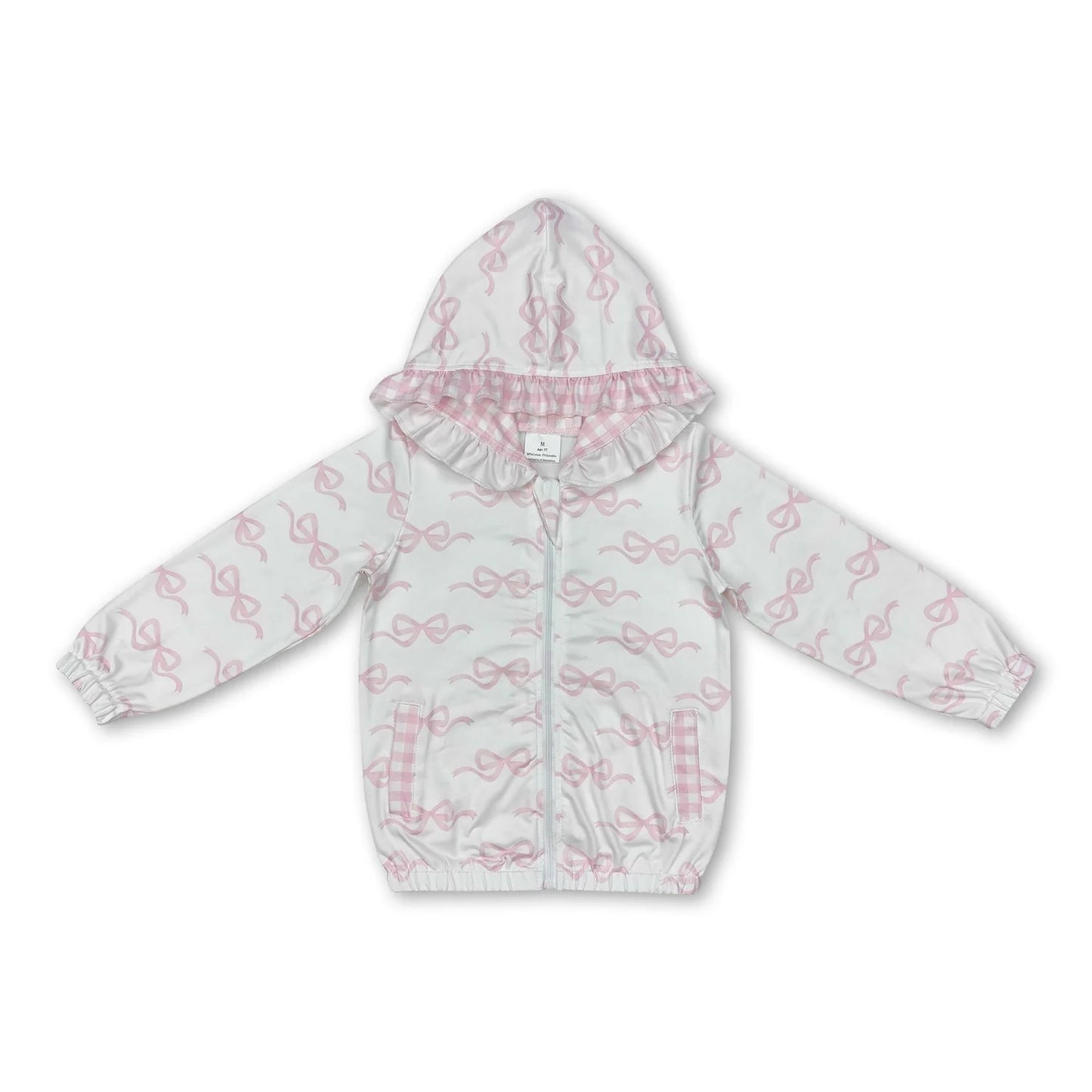 RTS NO MOQ Sibling milk silk Toddler Girls Pink Bow Print Hooded Zip Top Cardigan Jacket