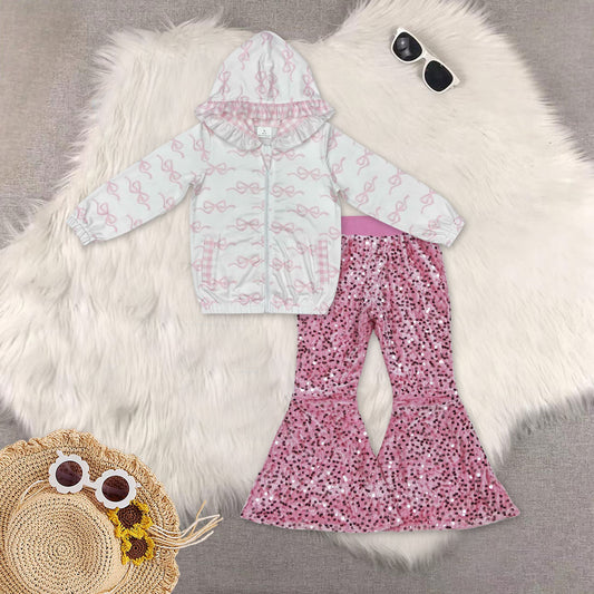 RTS NO MOQ Sibling baby girl clothes bow hooded long sleeved top pink sequined pants set and top and pants