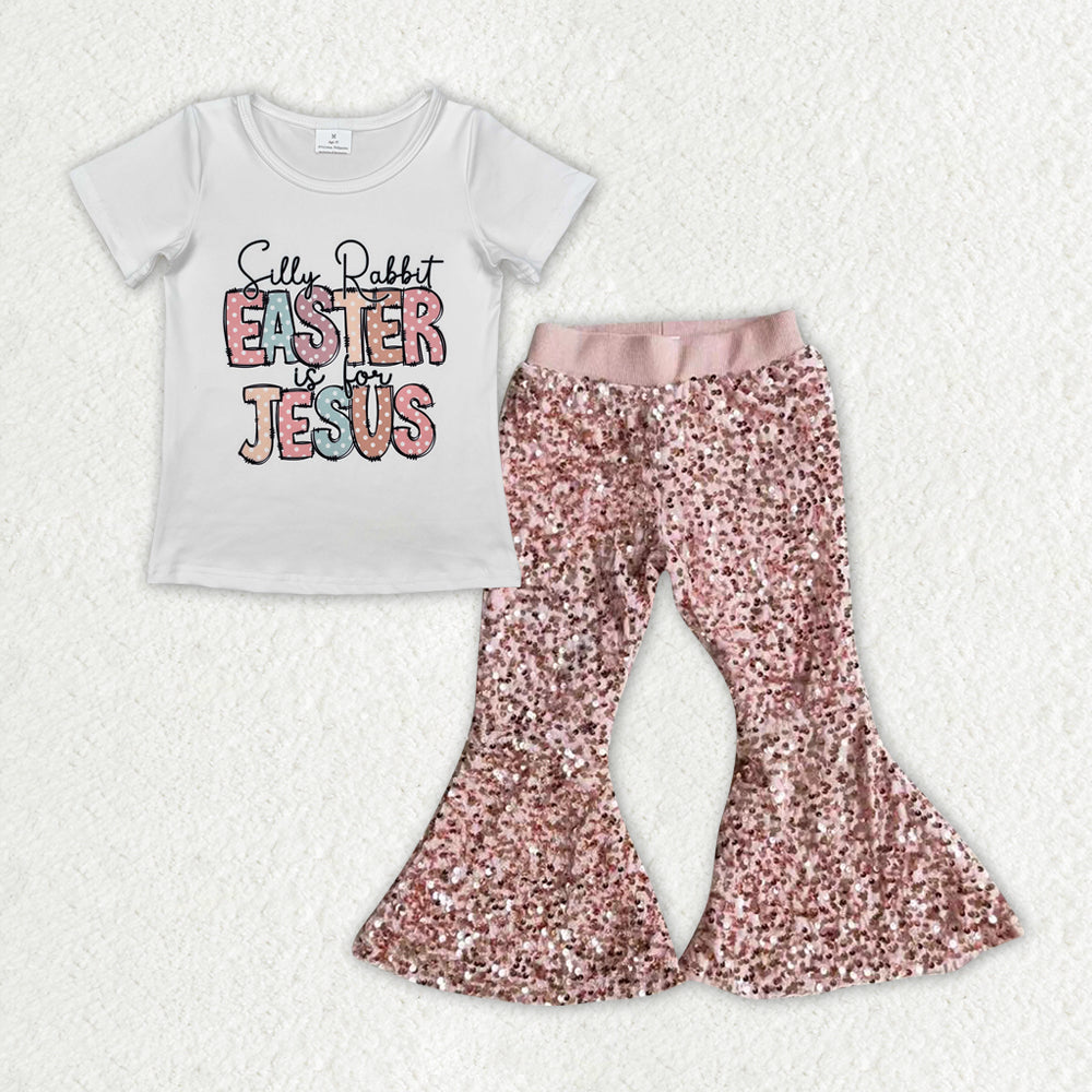 RTS NO MOQ ETA 5/7days Arrived GT0898+E2-28 easter jesus letter Easter short-sleeved top pink sequin flared pants sets