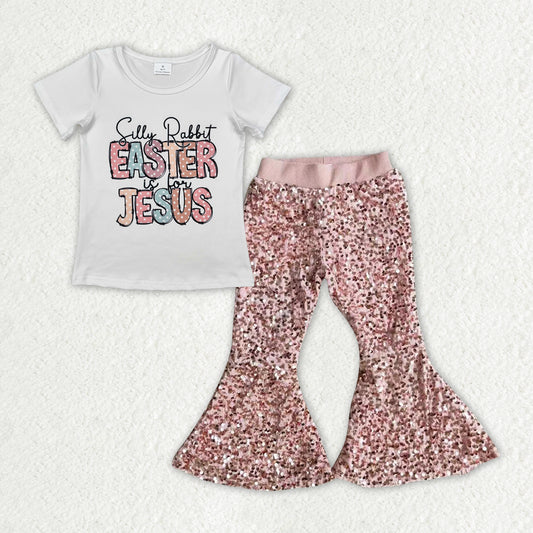 RTS NO MOQ ETA 5/7days Arrived GT0898+E2-28 easter jesus letter Easter short-sleeved top pink sequin flared pants sets