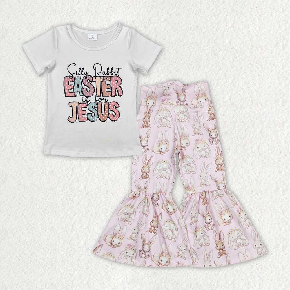 RTS NO MOQ ETA 5/7days Arrived GT0898+P0387 easter jesus letter Easter short-sleeved top flower rabbit fur ball tail pink trousers