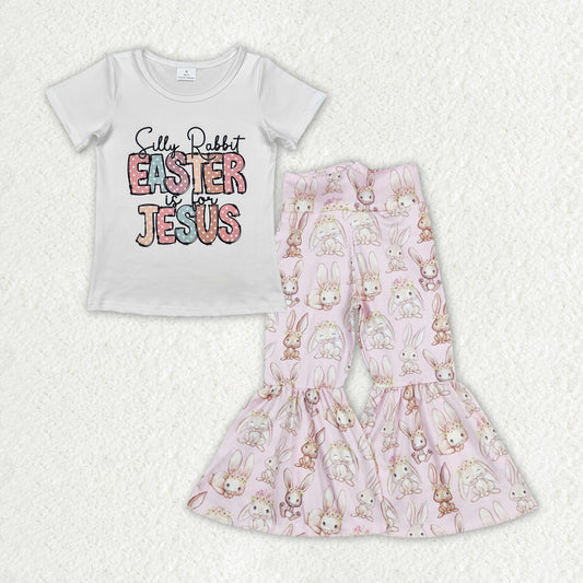 RTS NO MOQ ETA 5/7days Arrived GT0898+P0387 easter jesus letter Easter short-sleeved top flower rabbit fur ball tail pink trousers
