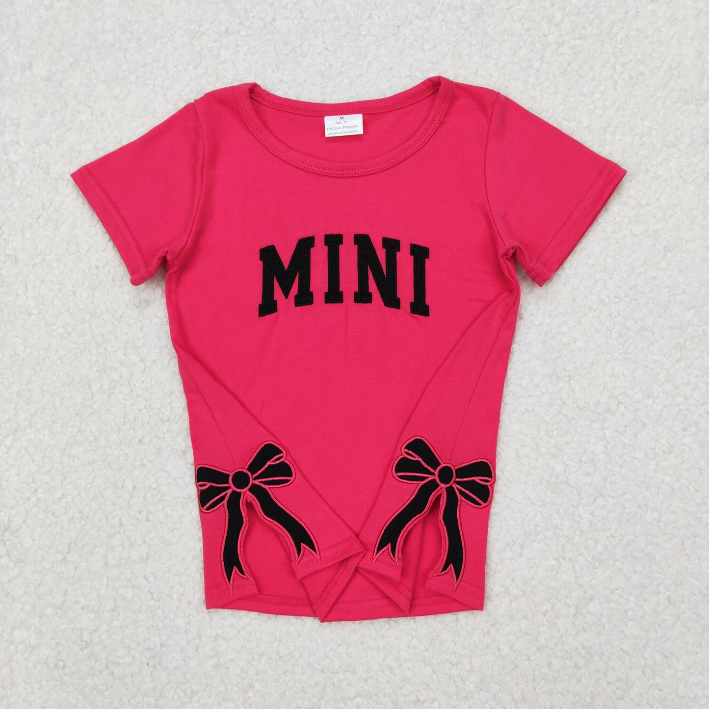 RTS NO MOQ ETA 5/7days Arrived GT0917 Embroidered mini letters black bow rose red short-sleeved top