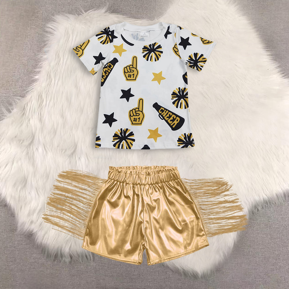 RTS NO MOQ（In Stock)  short-sleeved top shiny leather fringed shorts sets