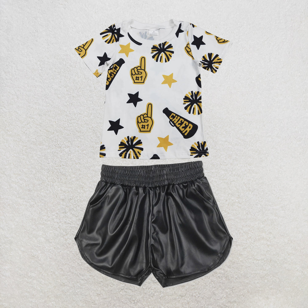 RTS NO MOQ Sibling milk silk Baby Girls Cheer Team Short Sleeve Top Leather Shorts Clothes Set