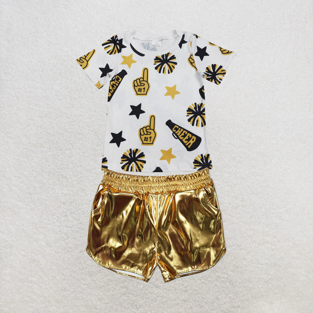 RTS NO MOQ Sibling milk silk Baby Girls Cheer Team Short Sleeve Top Leather Shorts Clothes Set
