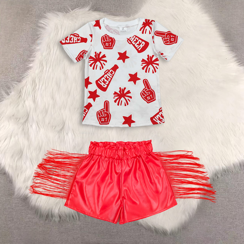 RTS NO MOQ（In Stock)  short-sleeved top shiny leather fringed shorts sets