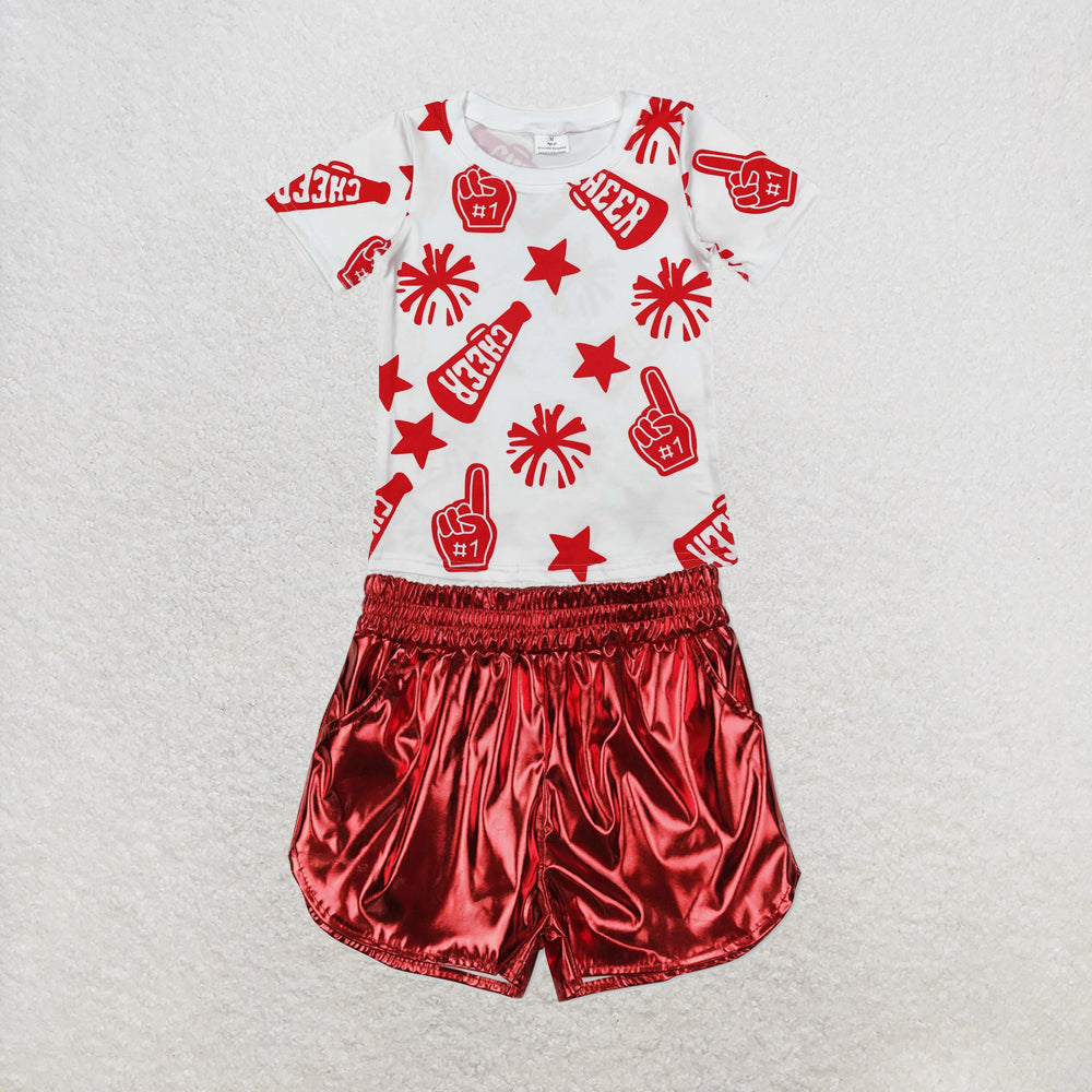 RTS NO MOQ Sibling milk silk Baby Girls Cheer Team Short Sleeve Top Leather Shorts Clothes Set