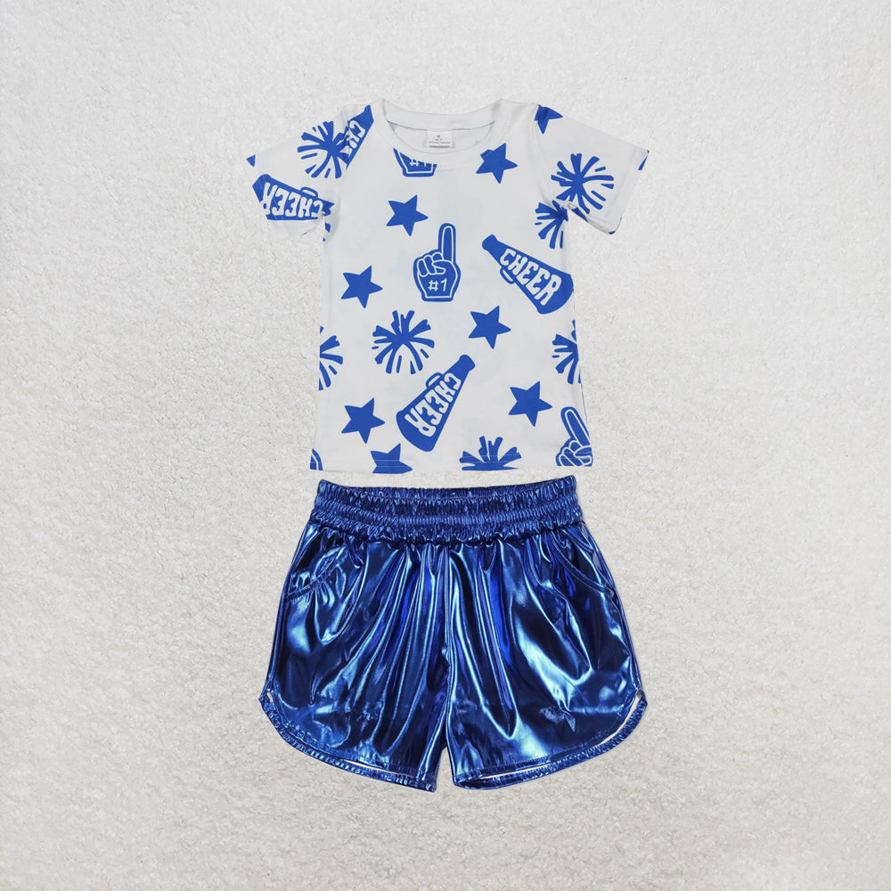 RTS NO MOQ Sibling milk silk Baby Girls Cheer Team Short Sleeve Top Leather Shorts Clothes Set