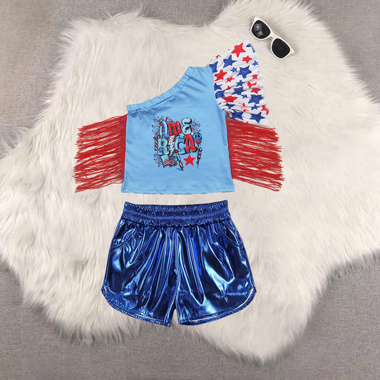 RTS NO MOQ Girls Boys cheers 4th of july short sleeve Clothes Sets and top and shorts