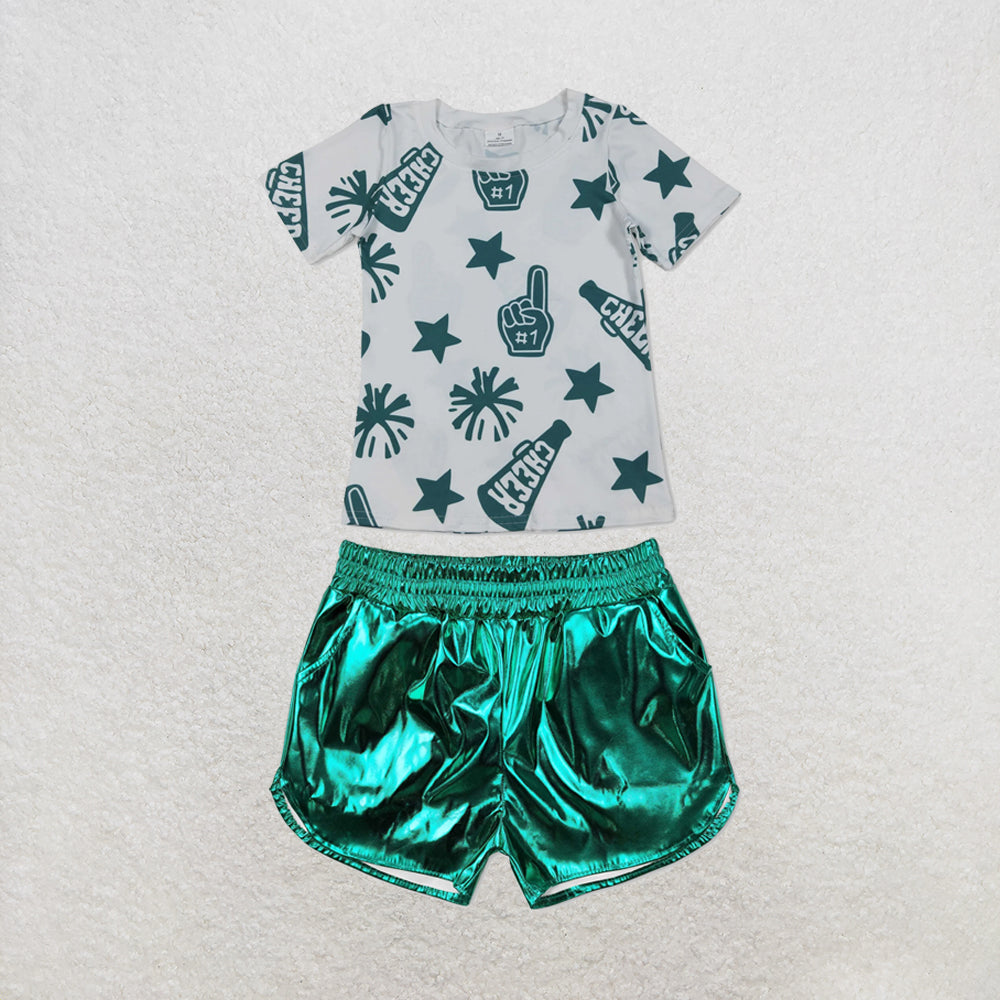RTS NO MOQ Sibling milk silk Baby Girls Cheer Team Short Sleeve Top Leather Shorts Clothes Set