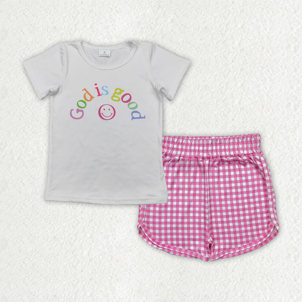 RTS NO MOQ GT0958+SS0472 God is good smiley face white short-sleeved top pink plaid shorts sets