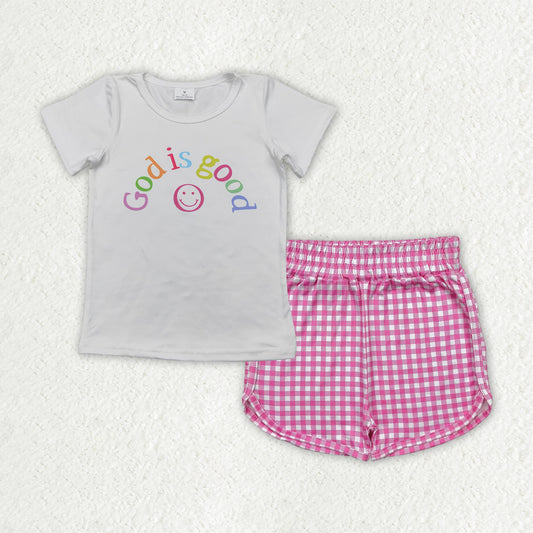 RTS NO MOQ GT0958+SS0472 God is good smiley face white short-sleeved top pink plaid shorts sets
