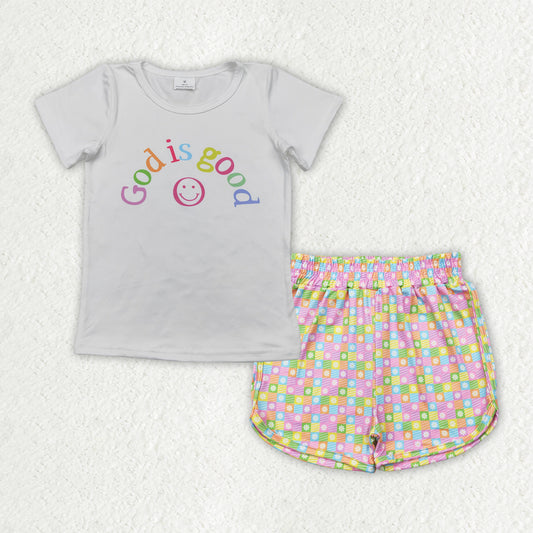 RTS NO MOQ GT0958+SS0474 God is good smiley face white short-sleeved top Flower color plaid shorts sets