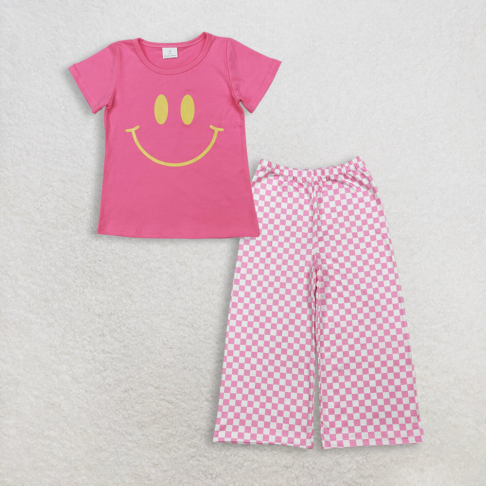 RTS NO MOQ GT0959+P1018 Baby Girls Pink Short Sleeves Shirts Tops And Pink Checked Pants Bottom