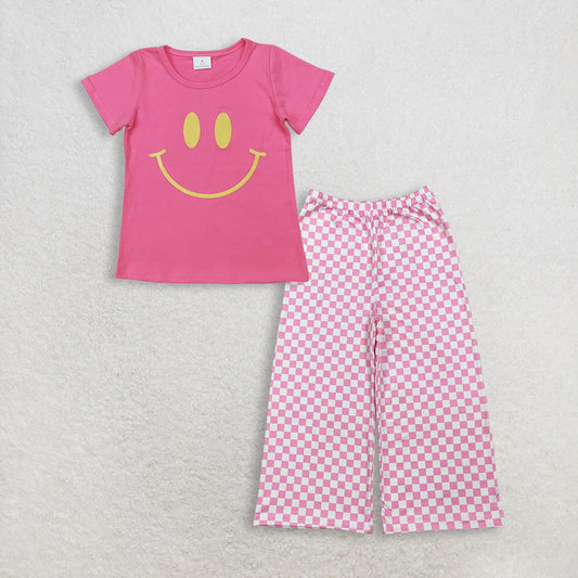 RTS NO MOQ GT0959+P1018 Baby Girls Pink Short Sleeves Shirts Tops And Pink Checked Pants Bottom