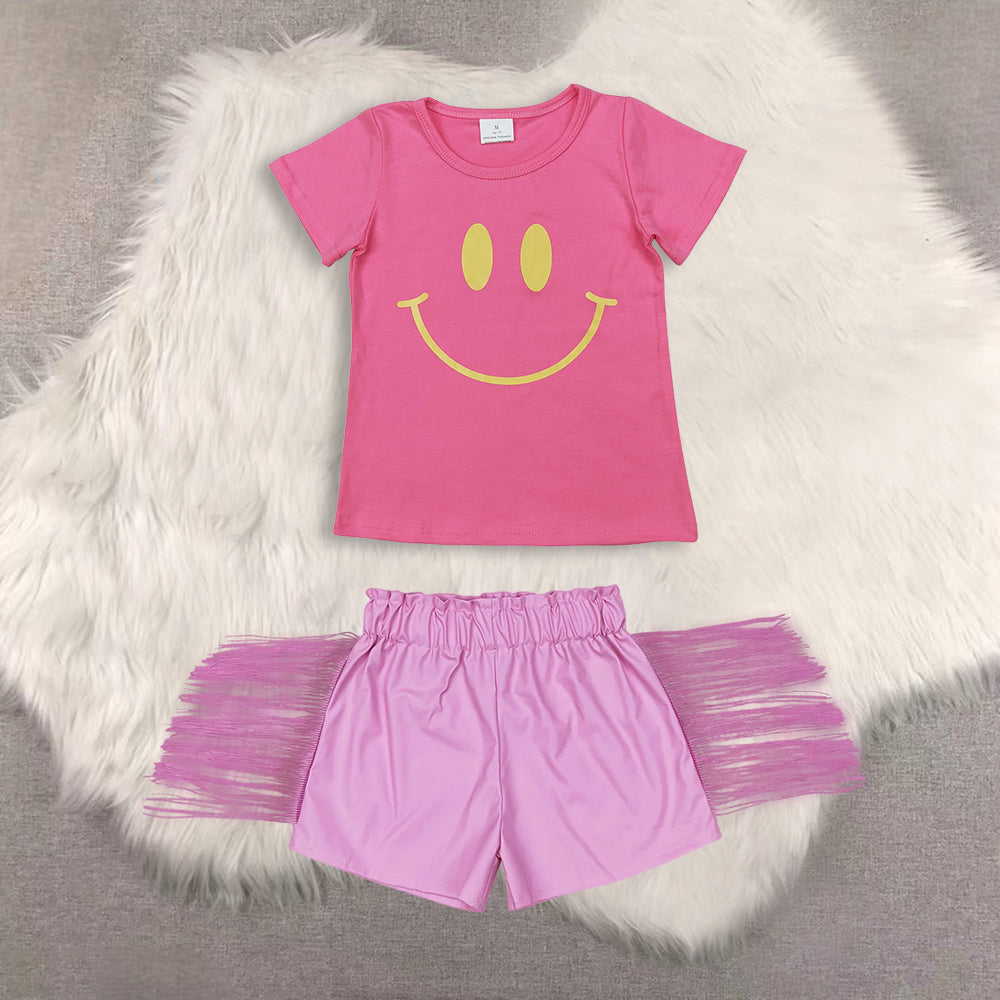 RTS NO MOQ（In Stock)  short-sleeved top shiny leather fringed shorts sets