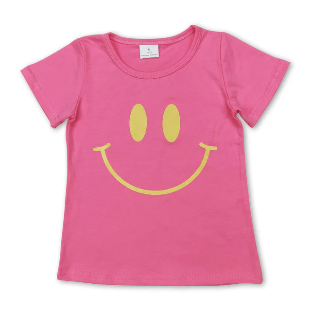 RTS NO MOQ milk silk GT0959+P0958 Baby Girls Pink Short Sleeves Smile Shirts Tops Legging Pants Bottom Set
