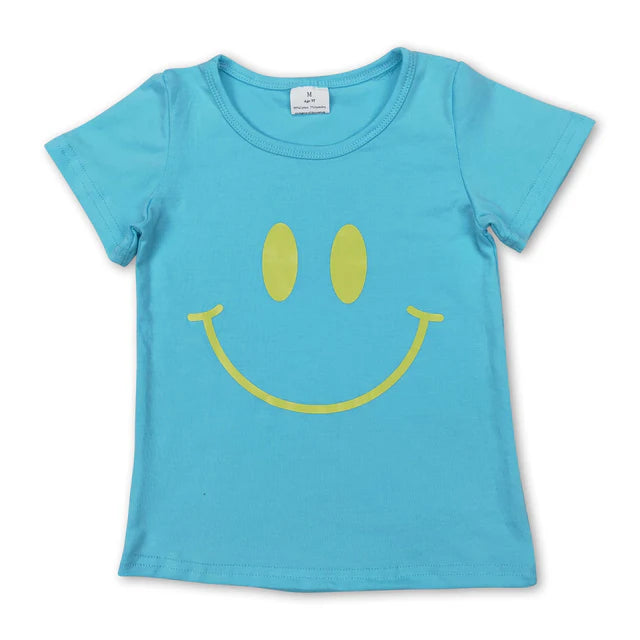 RTS NO MOQ GT0960+C15-28 Baby Girls Short Sleeves Vinyl Smile Shirts Tops Set
