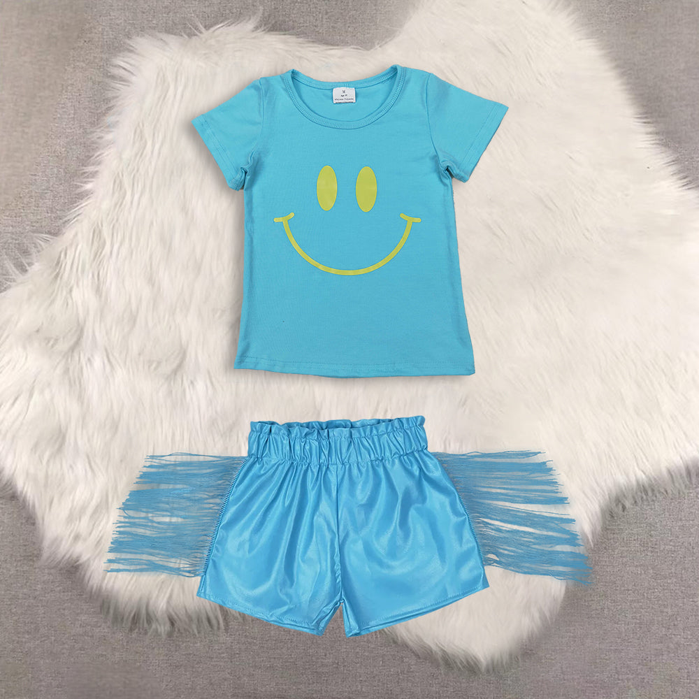 RTS NO MOQ（In Stock) short-sleeved top shiny leather fringed shorts sets