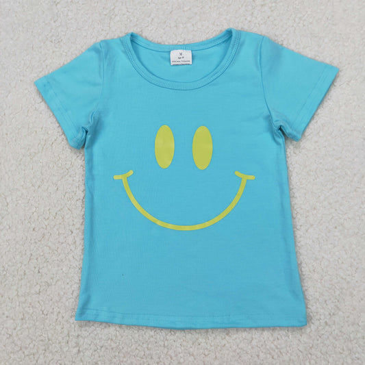 RTS NO MOQ GT0960 Offset smiley face blue short-sleeved top