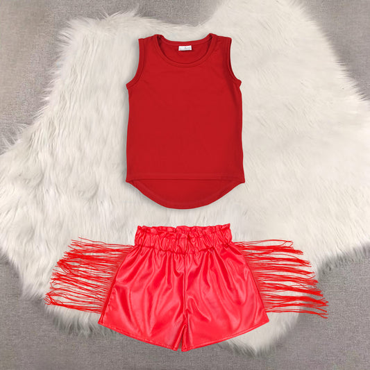 RTS NO MOQ（In Stock) yoga red sleeveless top shiny leather fringed shorts sets