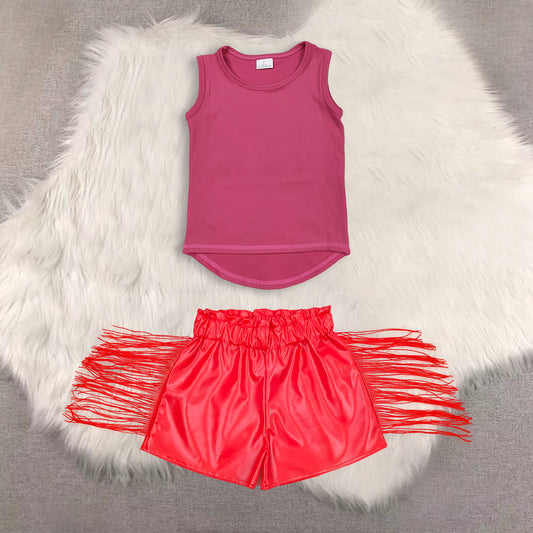 RTS NO MOQ（In Stock) yoga rose red sleeveless top shiny leather fringed shorts sets