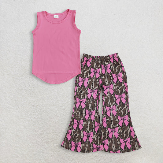 RTS NO MOQ GT0983+P0896 Baby Girls Pink Sleeveless Vests Tops And Camo Pink Bows Pants Bottoms