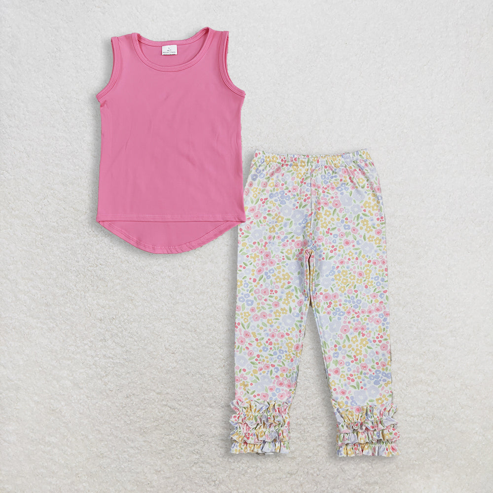 RTS NO MOQ GT0983+P1005 Baby Girls Yellow Lavender Bows Plaid Tee Shirts Top And Flowers Ruffle Legging Pants