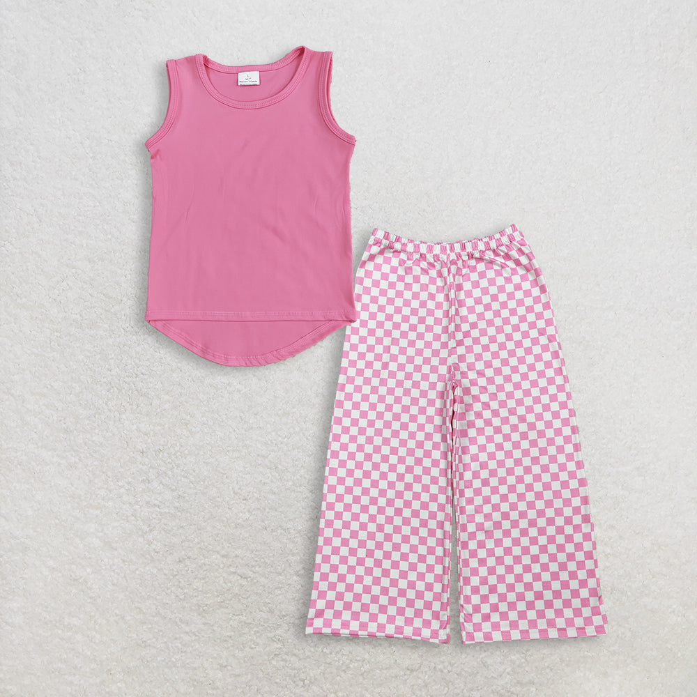 RTS NO MOQ GT0983+P1018 Baby Girls Pink Sleeveless Vests Tops And Pink Checked Pants Bottom