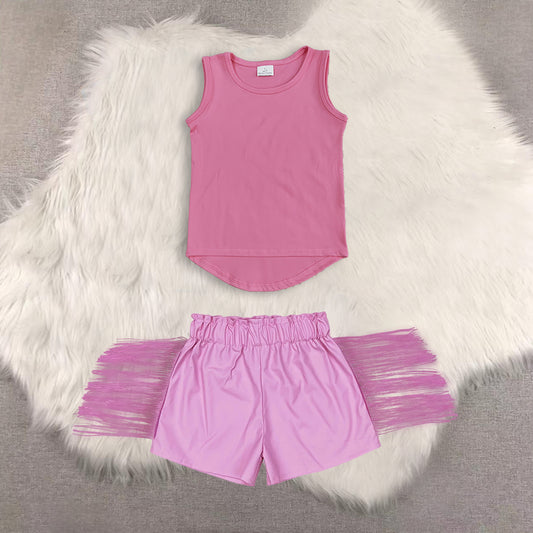 RTS NO MOQ（In Stock) yoga sleeveless top shiny leather fringed shorts sets