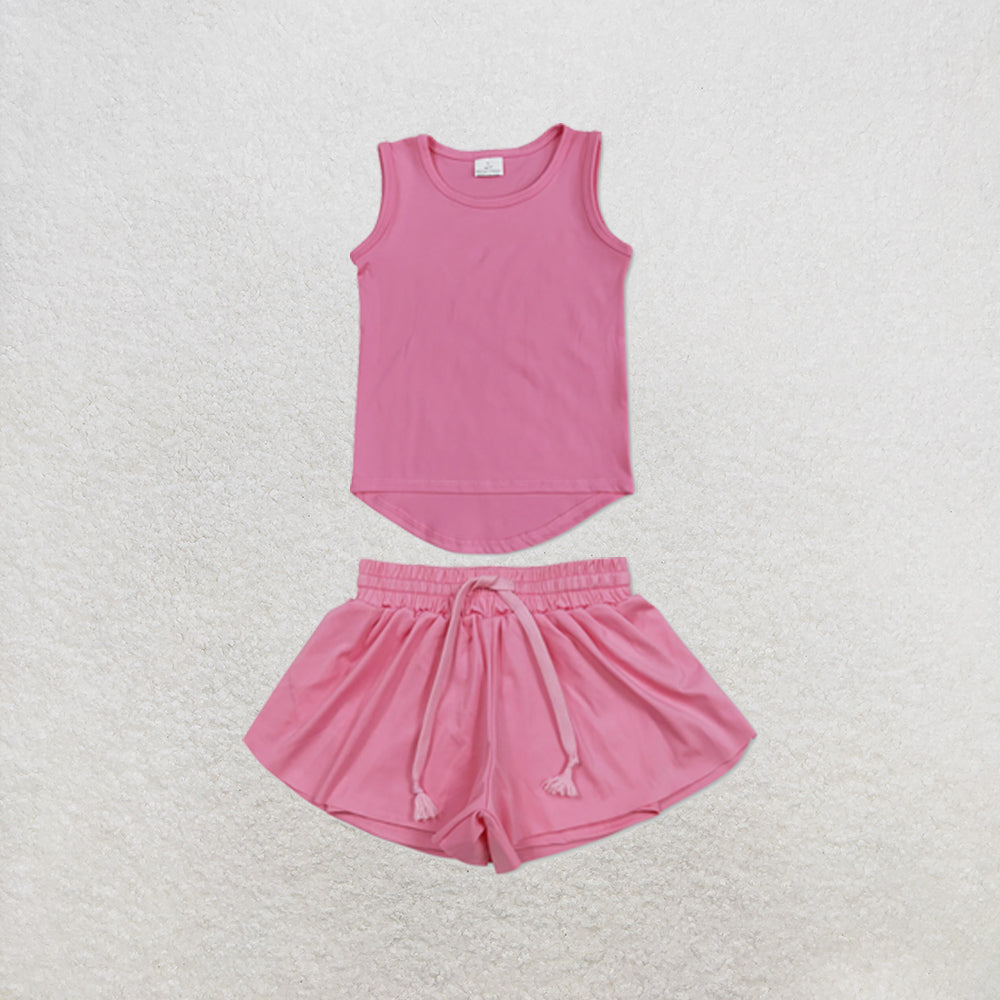 RTS NO MOQ Sibling yoga fabric Baby Girls Solid Color Sleeveless Yoga Tank Top Skort Yoga Shorts Bottoms Active Clothes Set