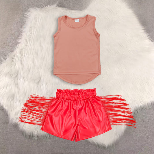 RTS NO MOQ（In Stock) yoga sleeveless top shiny leather fringed shorts sets