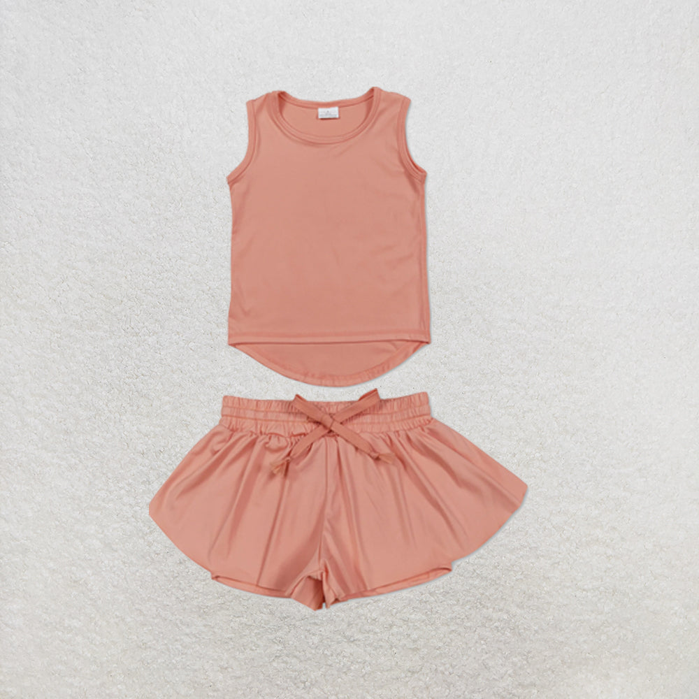 RTS NO MOQ Sibling yoga fabric Baby Girls Solid Color Sleeveless Yoga Tank Top Skort Yoga Shorts Bottoms Active Clothes Set