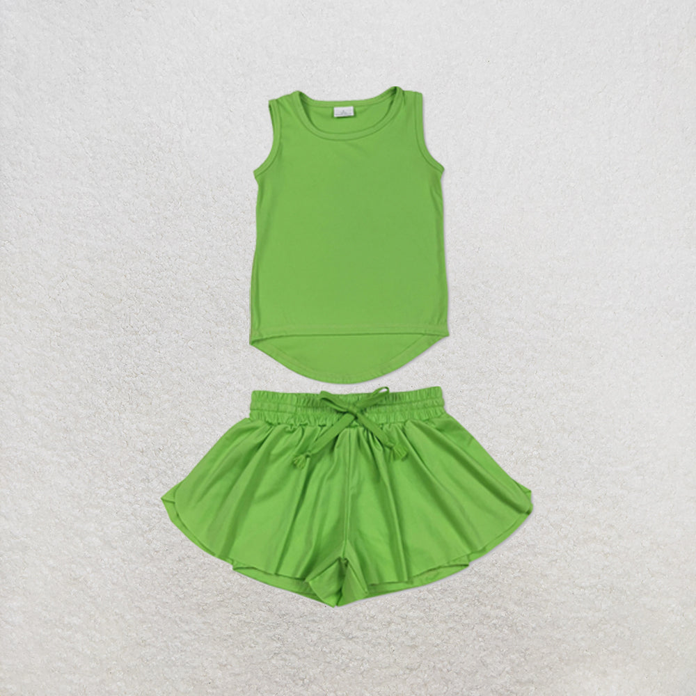 RTS NO MOQ Sibling yoga fabric Baby Girls Solid Color Sleeveless Yoga Tank Top Skort Yoga Shorts Bottoms Active Clothes Set