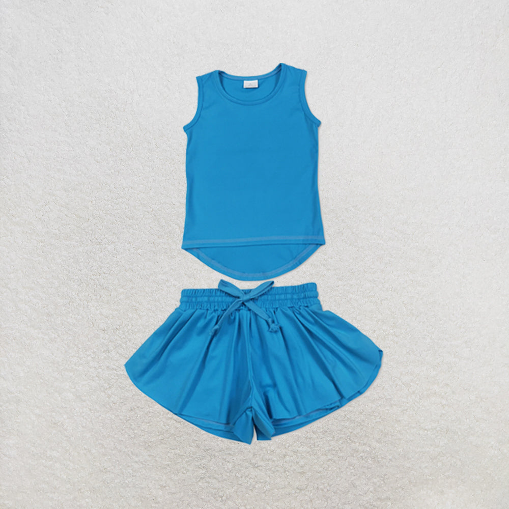 RTS NO MOQ Sibling yoga fabric Baby Girls Solid Color Sleeveless Yoga Tank Top Skort Yoga Shorts Bottoms Active Clothes Set