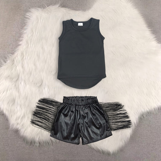 RTS NO MOQ（In Stock) yoga black sleeveless top shiny leather fringed shorts sets
