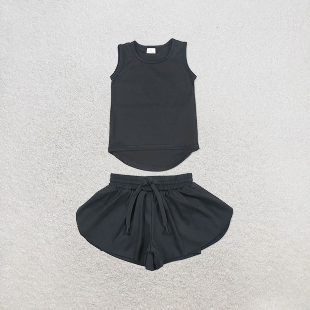 RTS NO MOQ Sibling yoga fabric Baby Girls Solid Color Sleeveless Yoga Tank Top Skort Yoga Shorts Bottoms Active Clothes Set