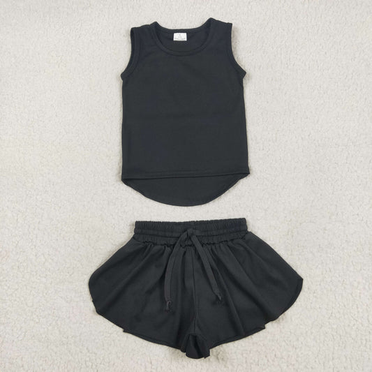 RTS NO MOQ GT0987+SS0551 Pure black sleeveless vest yoga top shorts sets