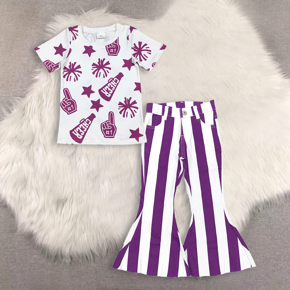 RTS NO MOQ Sibling Baby Girls clothes cheer short sleeve pants Set and top and jeans pants